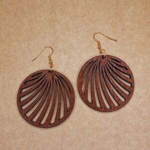 Brown wood round earrings hollowed fan pattern boho jewelry statement